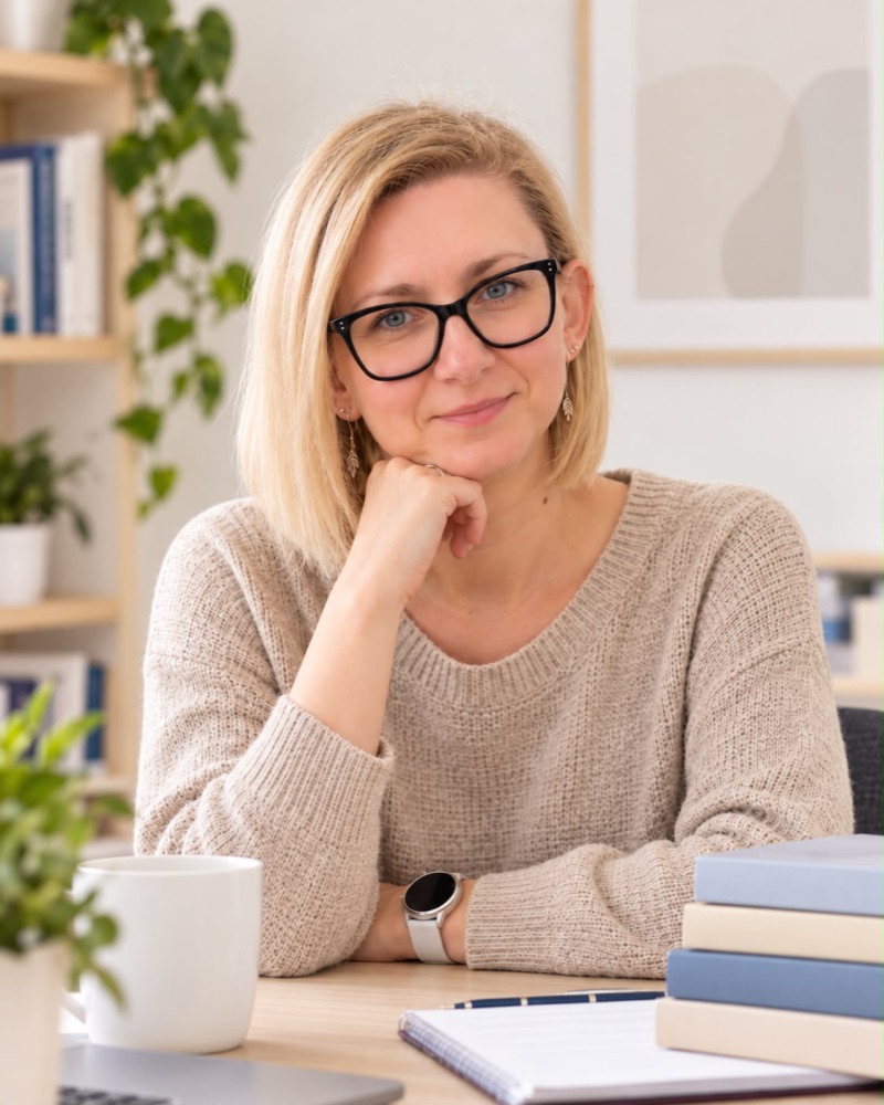 Barbara Edelman przy biurku, uśmiechnięta